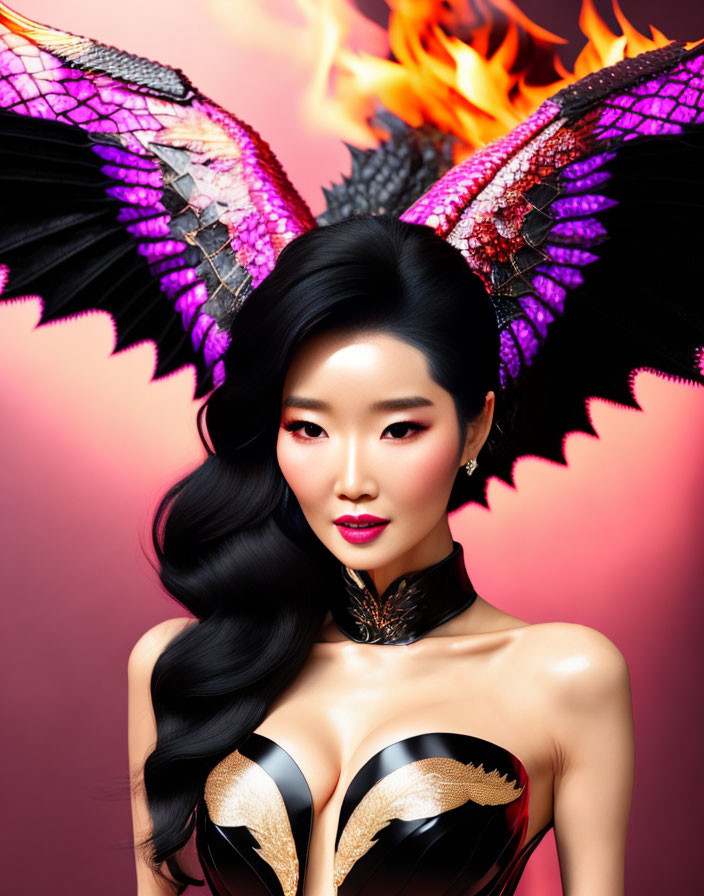 Vibrant digital artwork: woman with fiery wings, intricate details