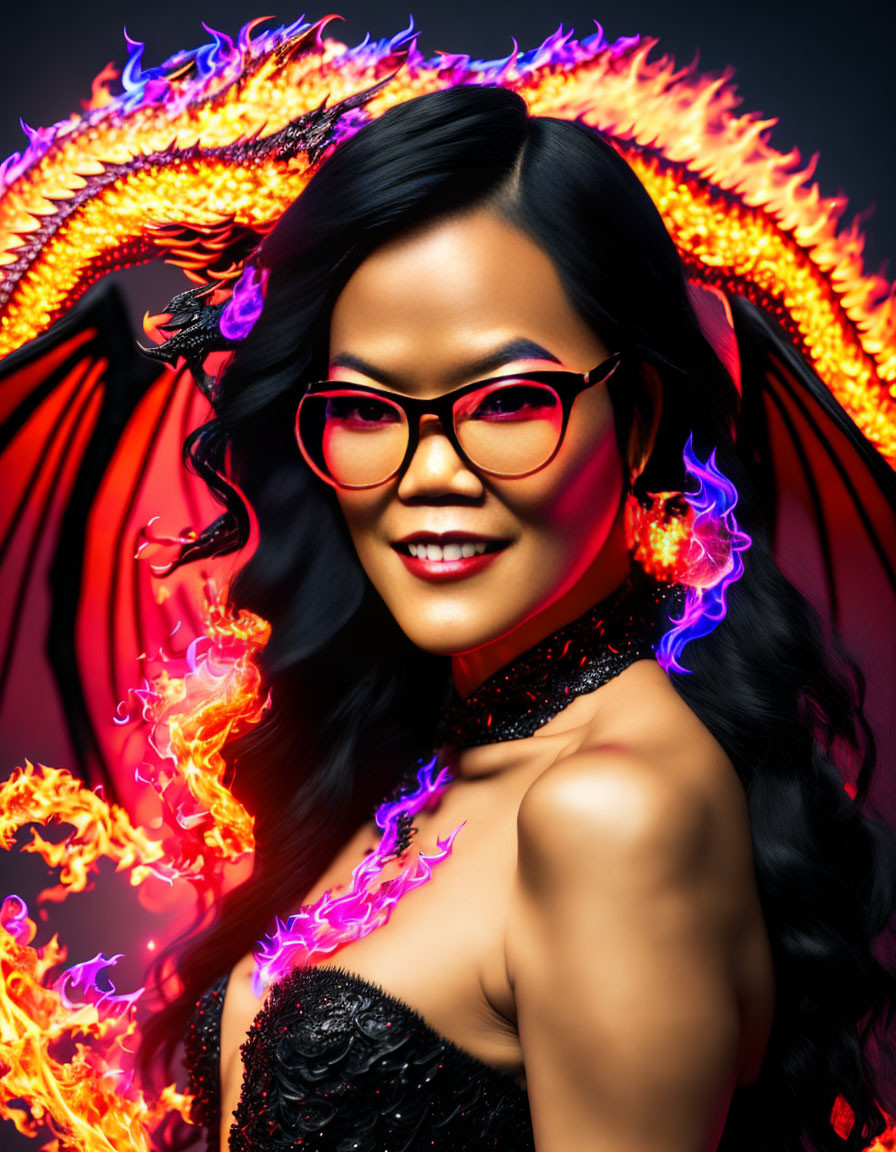 Confident Figure with Dark Hair and Fiery Background