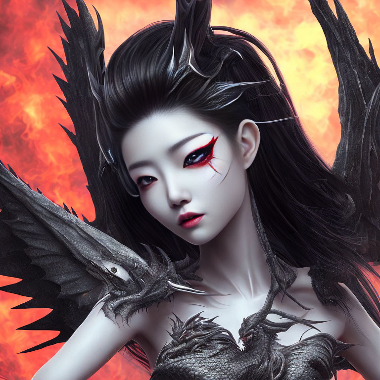 Fantasy portrait of a woman with dragon-like features and dark wings