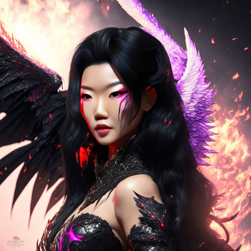 Portrait of a woman with black feathered wings and fiery backdrop.