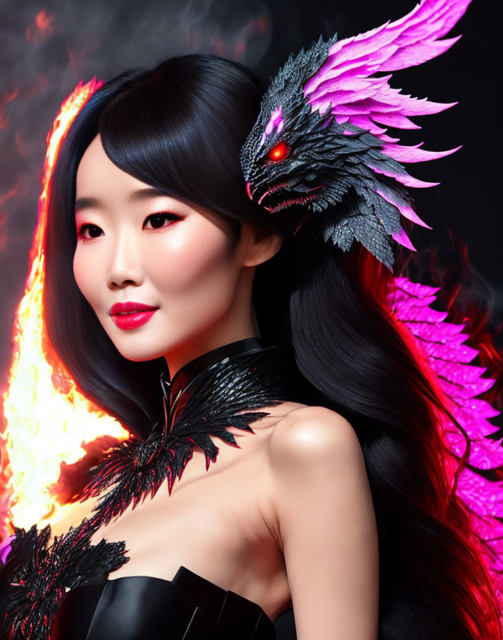 Woman with Sleek Black Hair Wearing Fiery Makeup and Flaming Bird Shoulder Piece