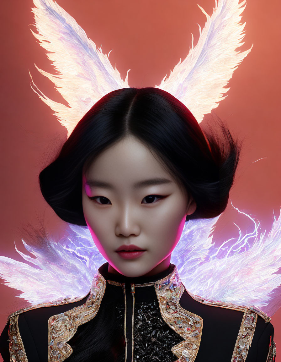 Person portrait with glowing wing illusion and Asian-inspired attire