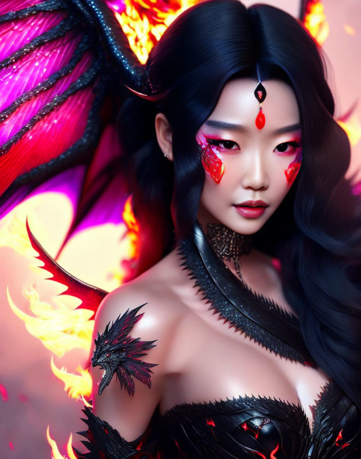 Fantasy portrait of a woman with dark hair and fiery dragon-like shoulder armor