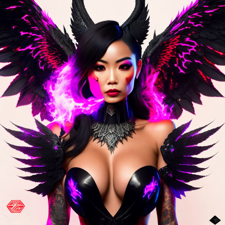 Person with Black Angel Wings and Purple Fiery Effects