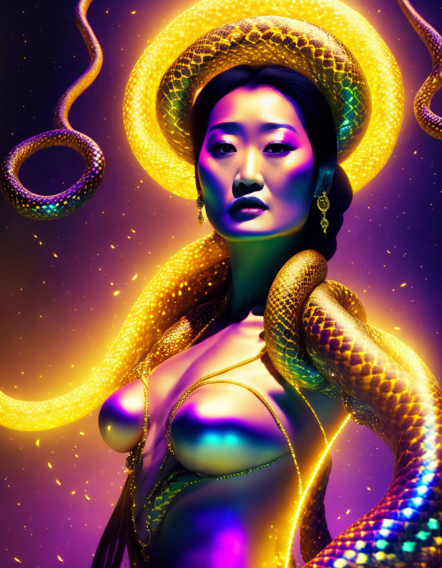 Woman with Golden Serpents in Neon-lit Setting: Mystical Portrait