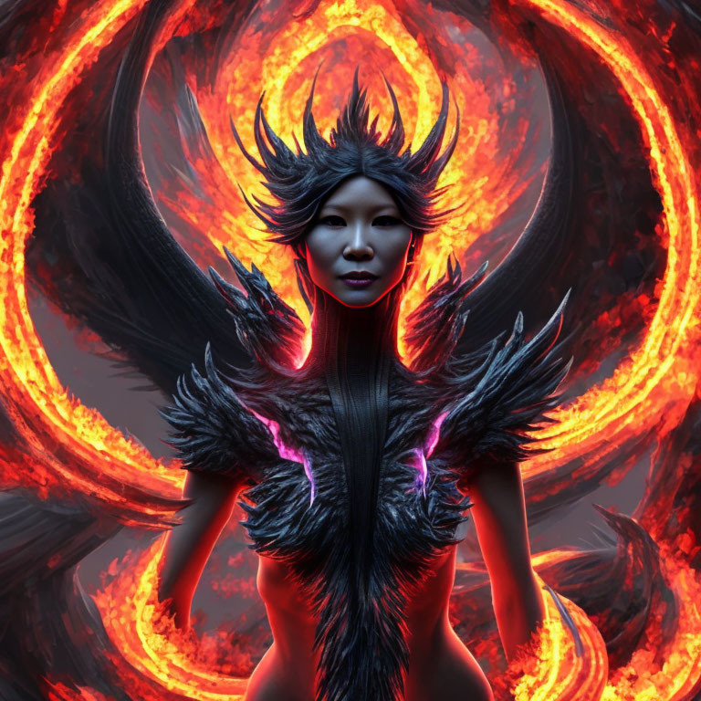 Dark, Spiked Attire Figure with Glowing Red Accents in Fiery Ring Backdrop