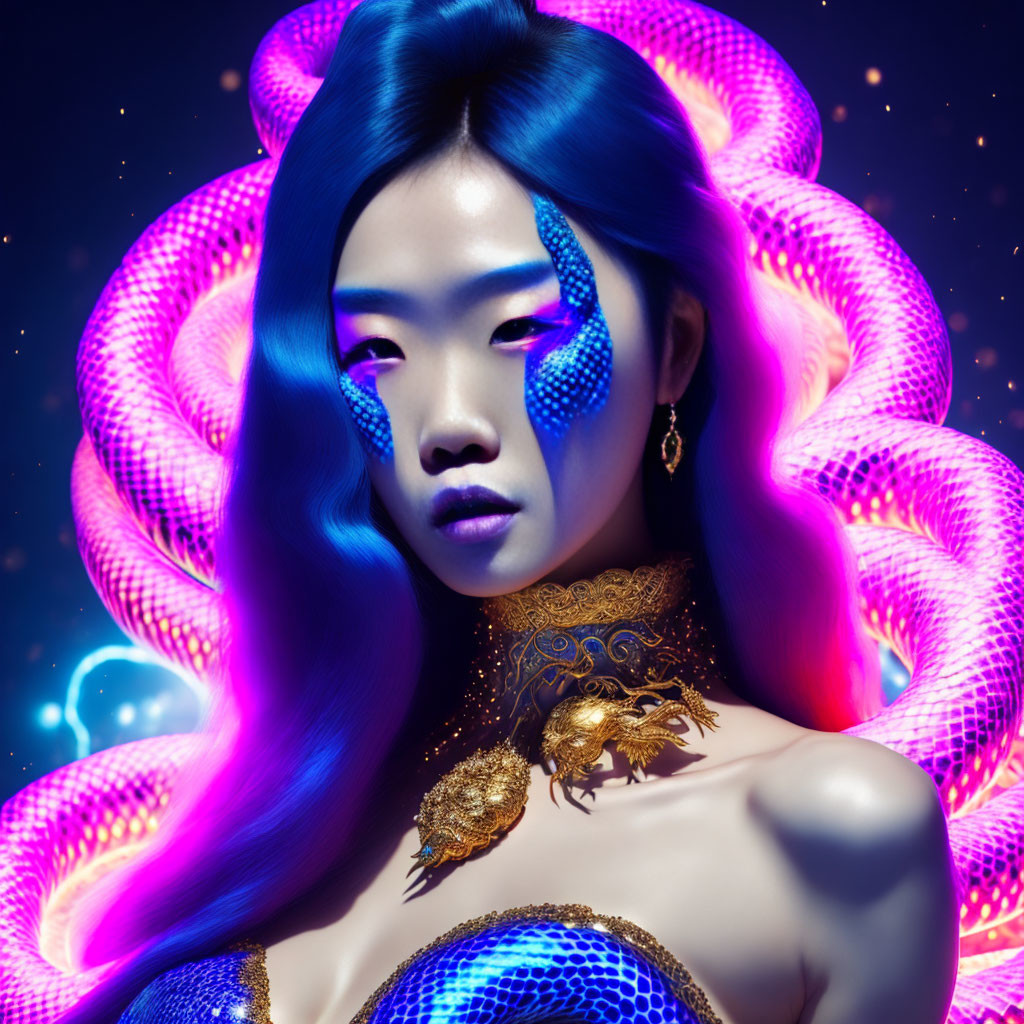 Woman with Neon Hair and Blue Scales in Vibrant Colors