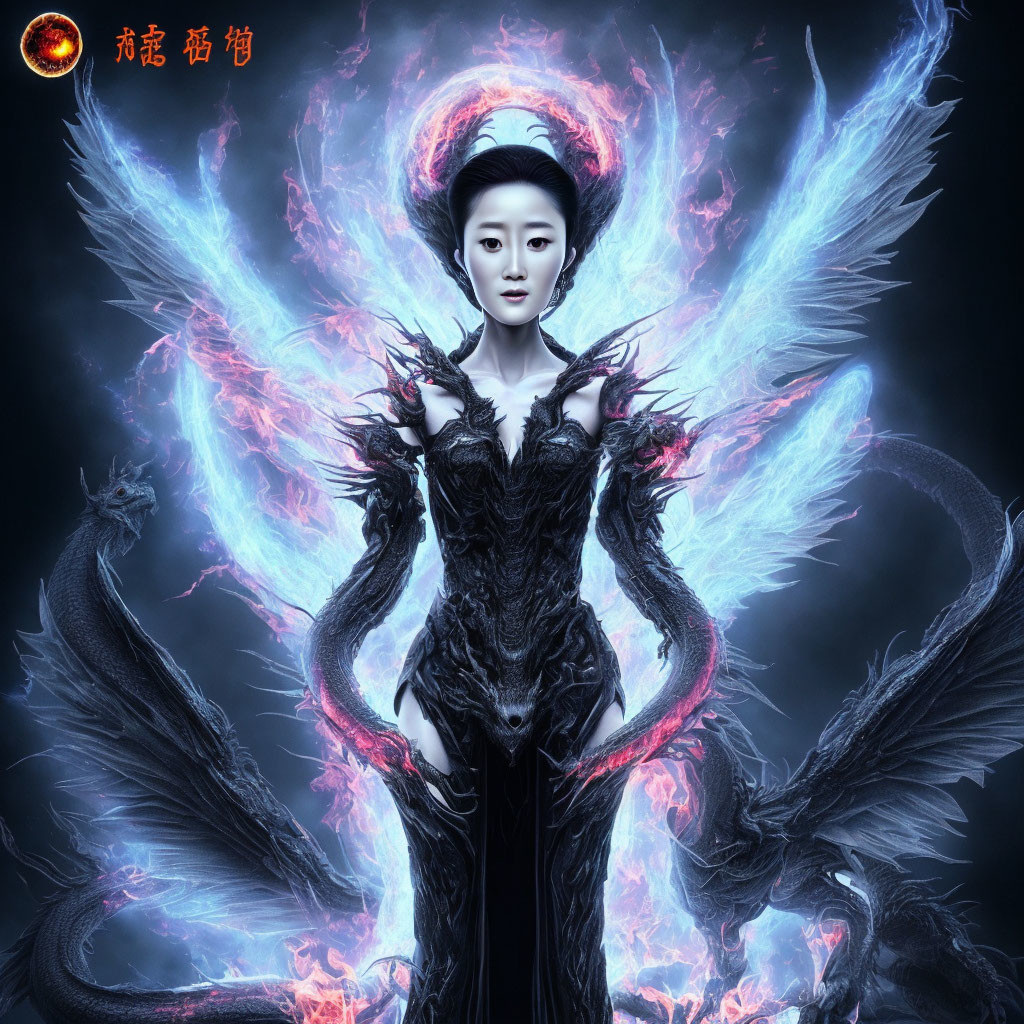 Digital artwork: Pale woman in black gown, surrounded by blue flames, black dragons, red halo