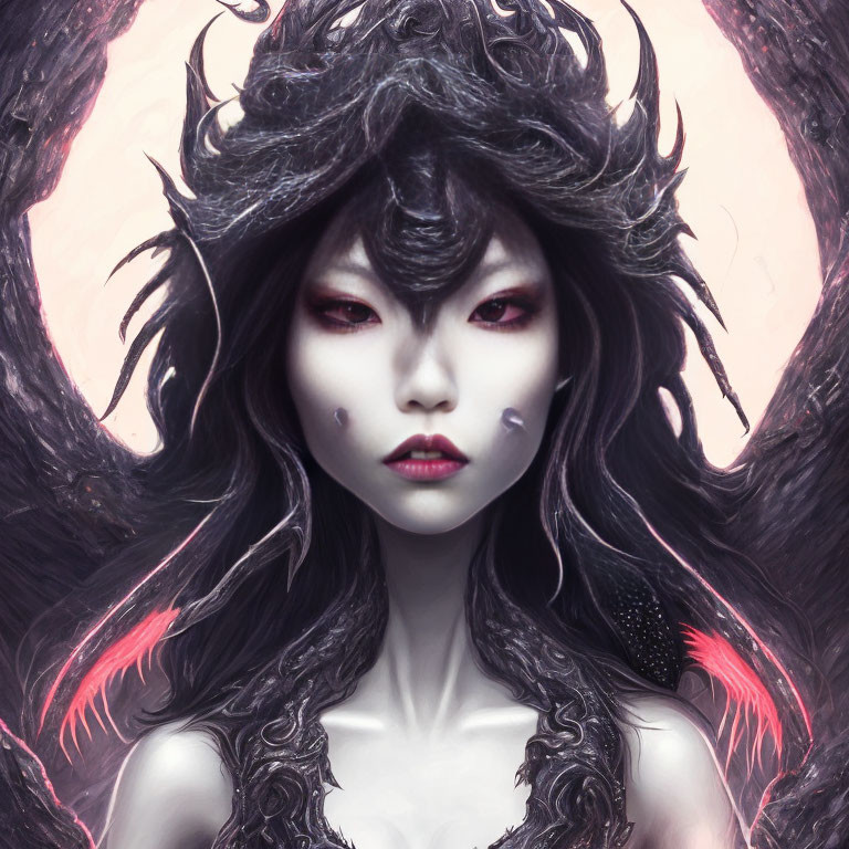 Digital Artwork: Female Figure with Black Hair, Red Eyes, Pale Skin, Dark Attire &