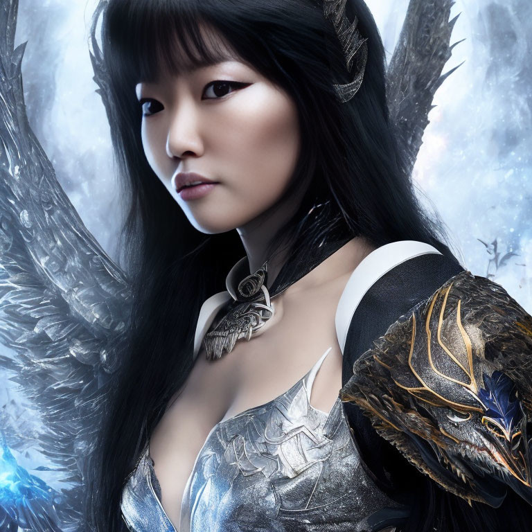 Dark-haired woman in elfin armor with icy wings and frosty backdrop.