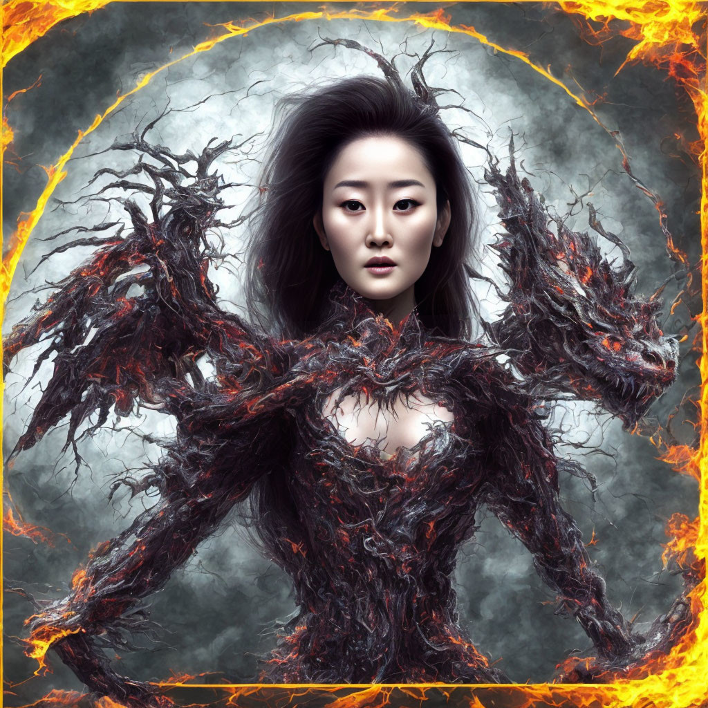 Fiery tendrils woman in smoky background with orange ring