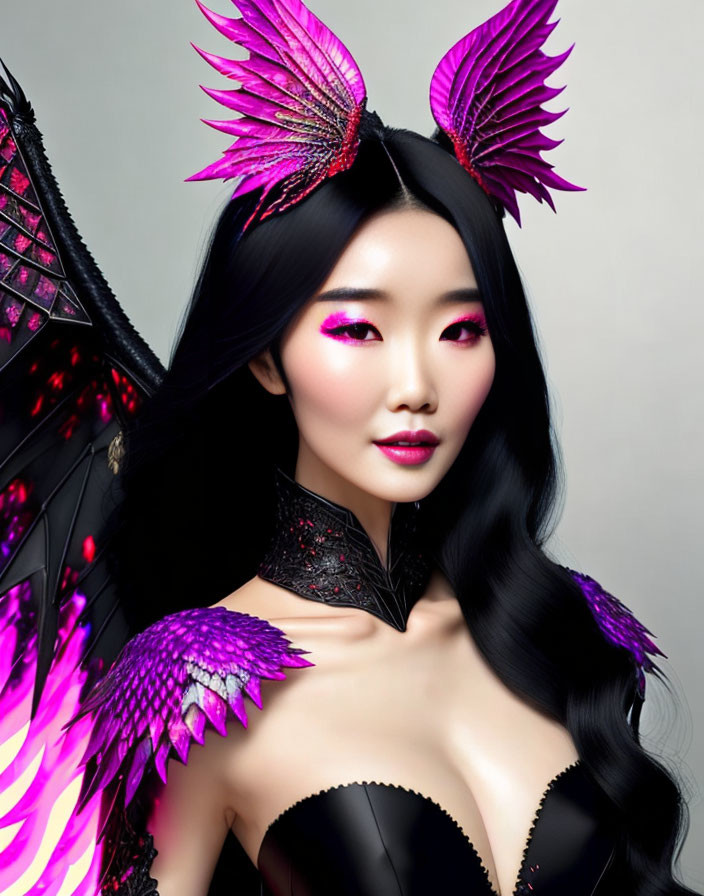 Woman with Vibrant Pink Eye Makeup and Feathered Hair Accessories in Black Outfit