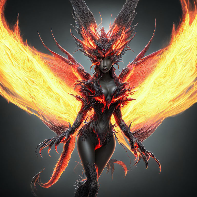 Fantasy character with flaming wings and armor in dark, fiery energy