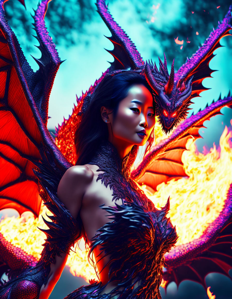 Woman in Dragon Scale Attire with Fiery Wings