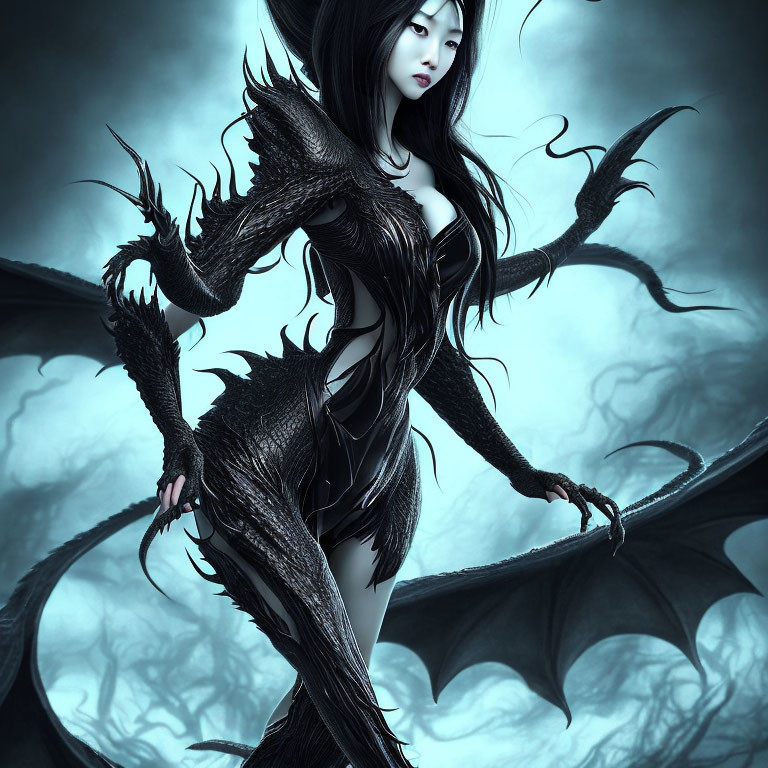 Dark Fantasy Illustration of Winged Female Character in Intricate Black Attire