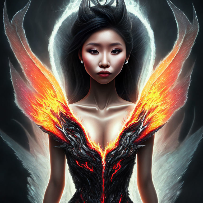 Digital Artwork: Woman with Fiery Wings and Intense Gaze on Dark Background