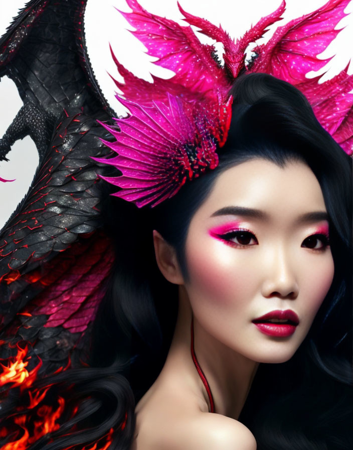 Woman with dramatic pink eye makeup next to fantastical creature with pink wings and scales.