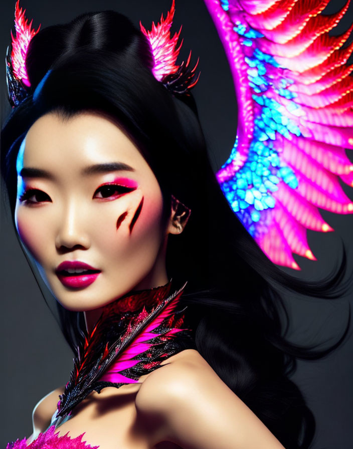 Colorful winged makeup woman with black hair and feathers on dark background