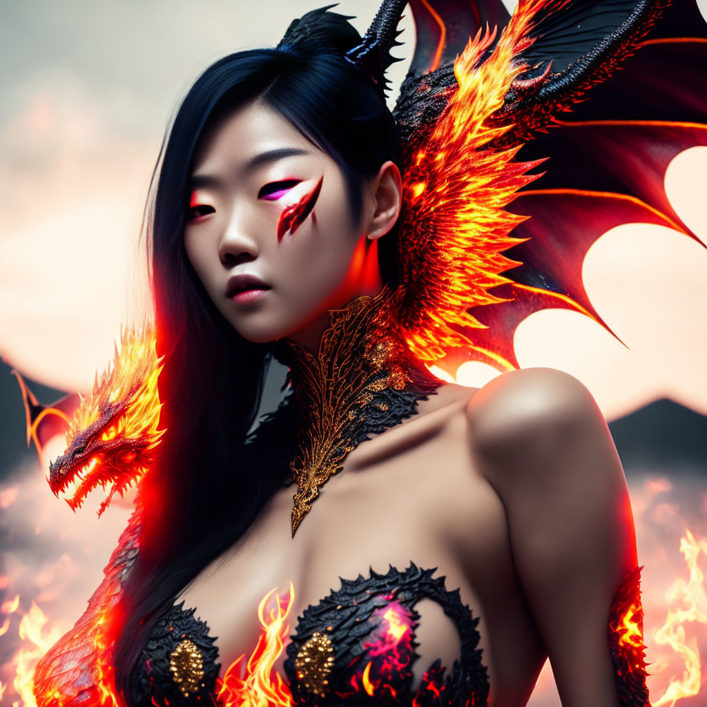 Fantasy digital artwork: Woman with dragon wings and fire elements