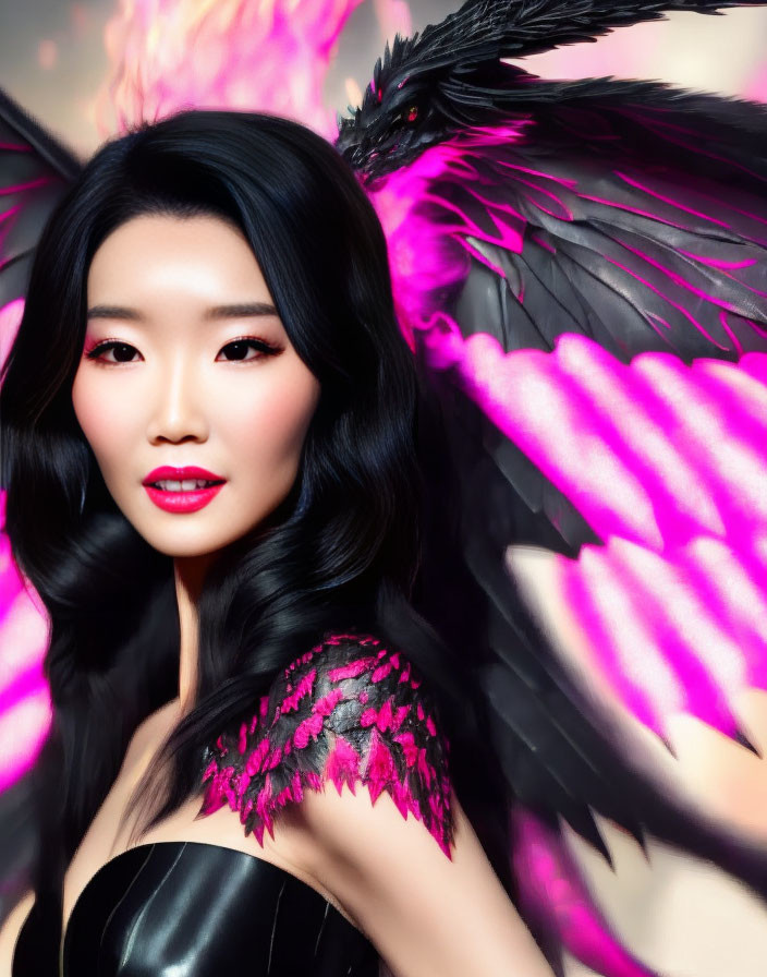 Dark-haired woman with striking makeup and mythical creature with black and pink wings.