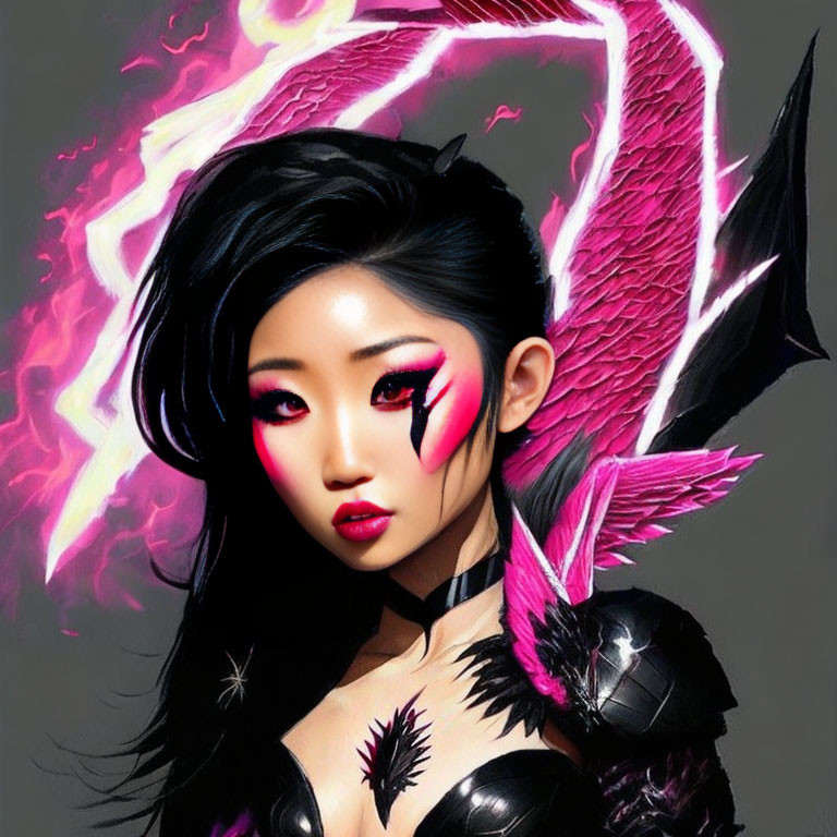 Digital artwork: Woman with Asian features, pink eyes, ethereal wings, lightning on black backdrop