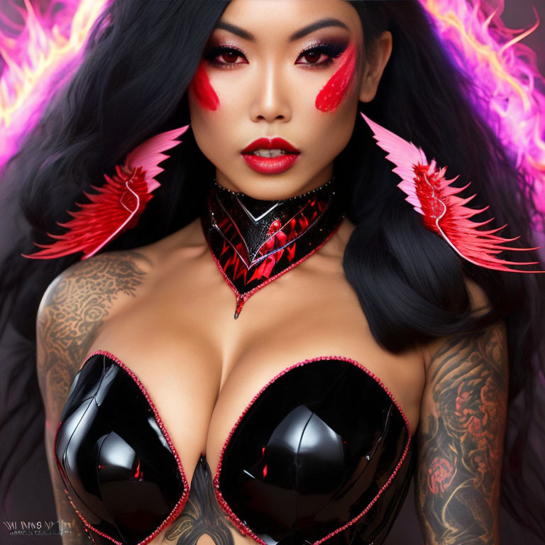 Woman with red eye makeup and tattoos in black and red costume with wing-like adornments on purple background