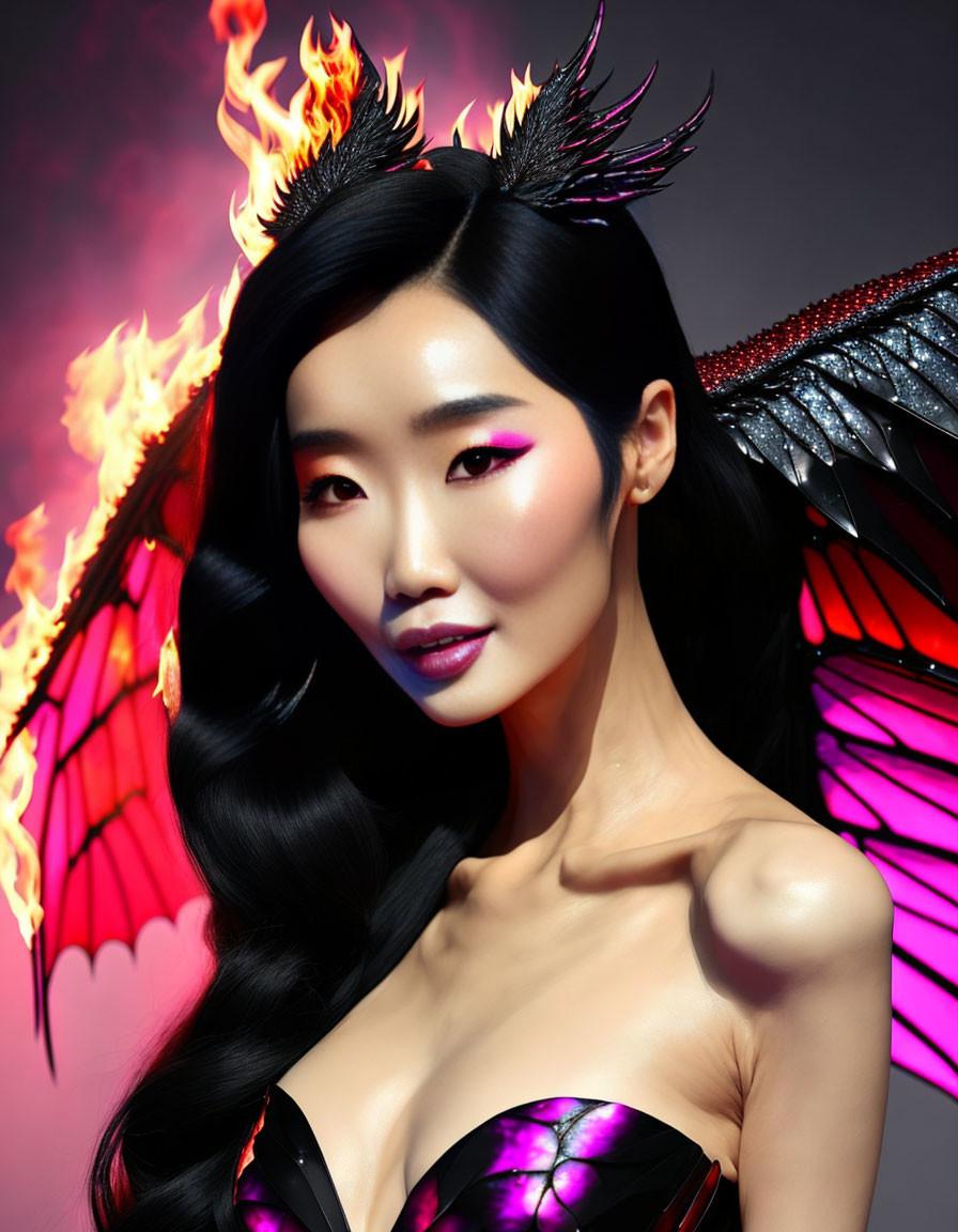 Fiery-winged woman with horns and dark hair on pink background