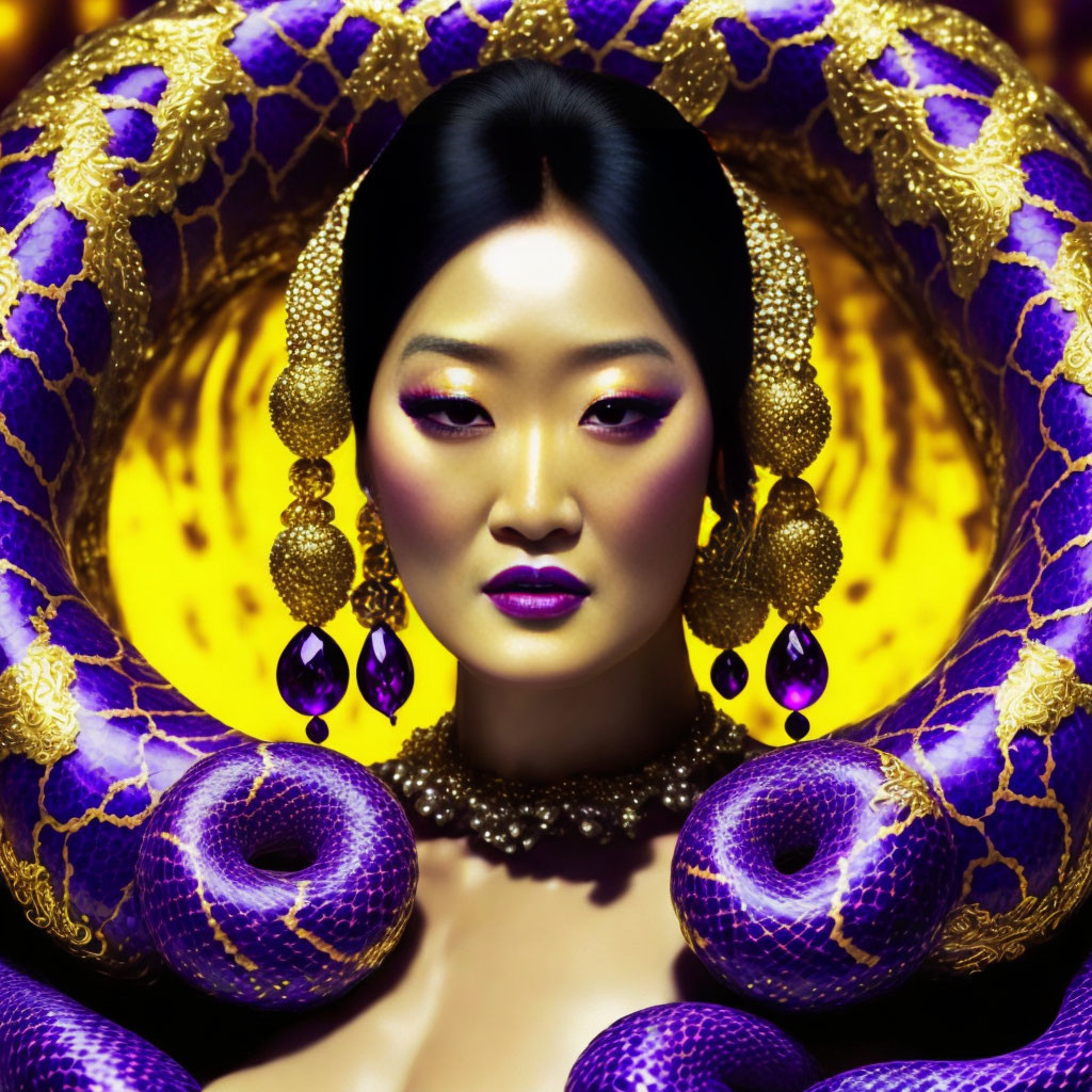 Woman with Striking Makeup and Coiled Purple Snake Jewelry