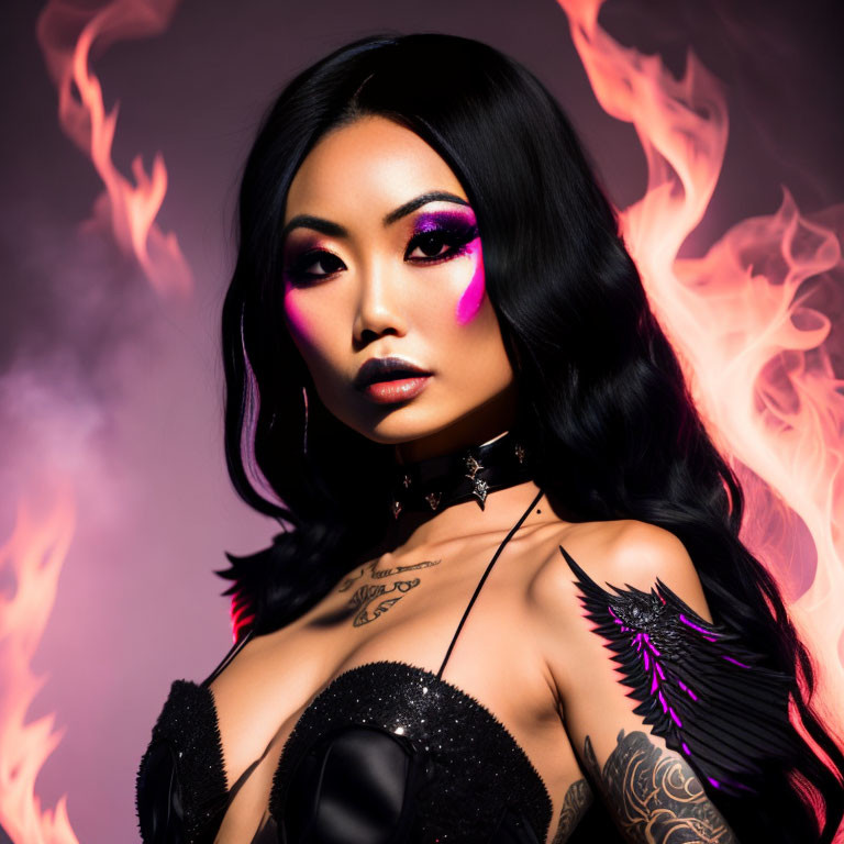 Woman with bold makeup and tattoos surrounded by stylized flames on purple background