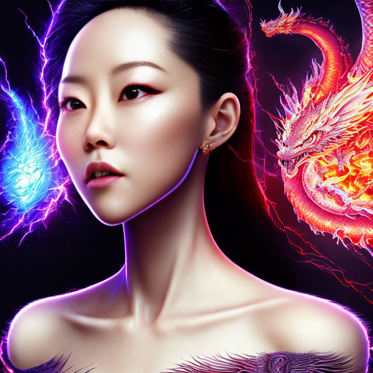 Asian woman with orange dragon and purple orb on dark background