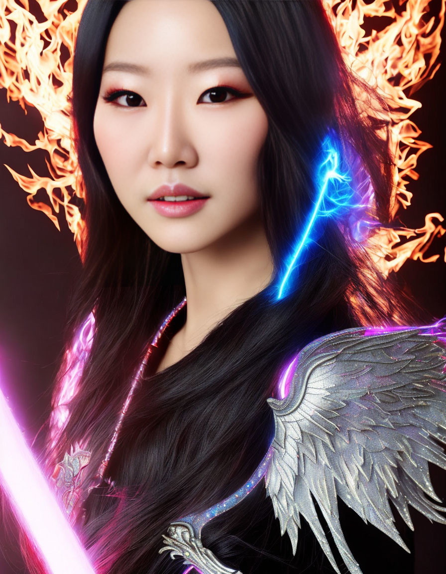 Neon-winged woman with fiery weapons on black background