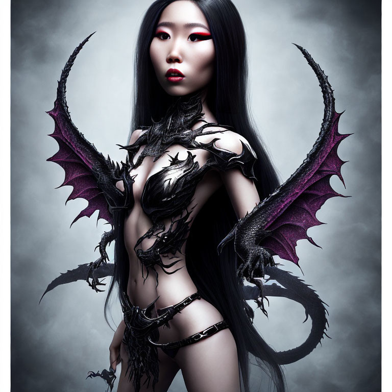 Woman in black hair and red eyeshadow in dragon-themed fantasy armor