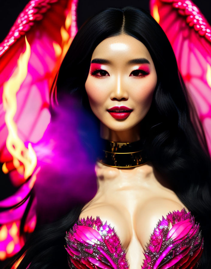 Woman with fiery wing-like details in pink and gold outfit on dark background