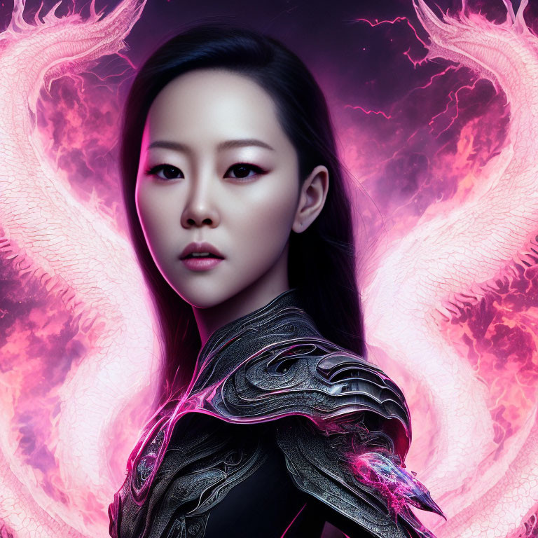 Intense gaze woman in dark armor with pink wings on neon magenta background