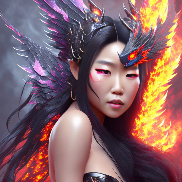 Fiery bird-inspired woman digital artwork with intense gaze