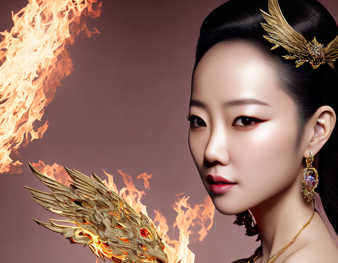 Woman with elegant makeup and golden jewelry in fiery phoenix motif against smoldering background