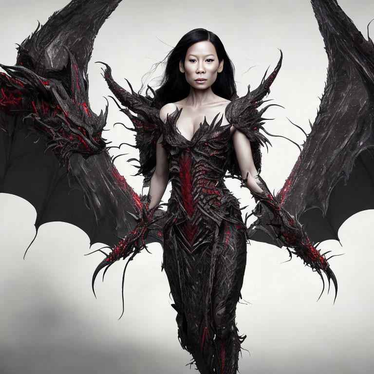 Fantasy-inspired woman in dark armor with wing-like extensions and red accents.