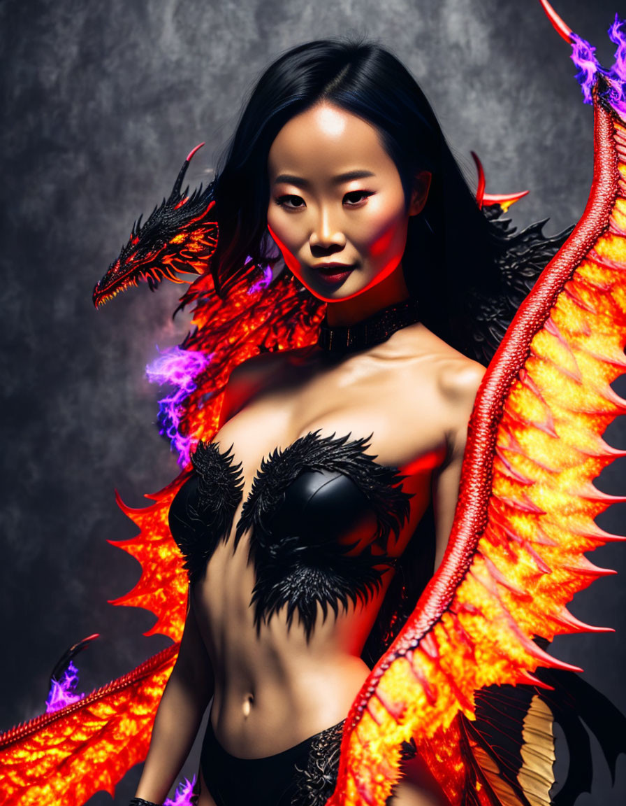 Striking makeup woman poses confidently with fiery-winged dragon