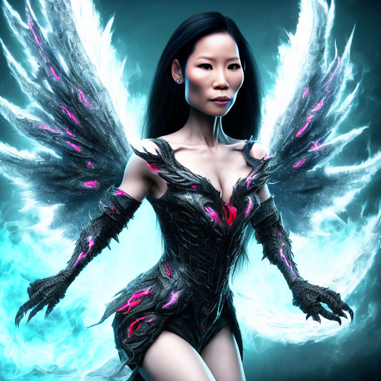 Dark-haired woman in fantasy armor with ethereal wings on mystical background