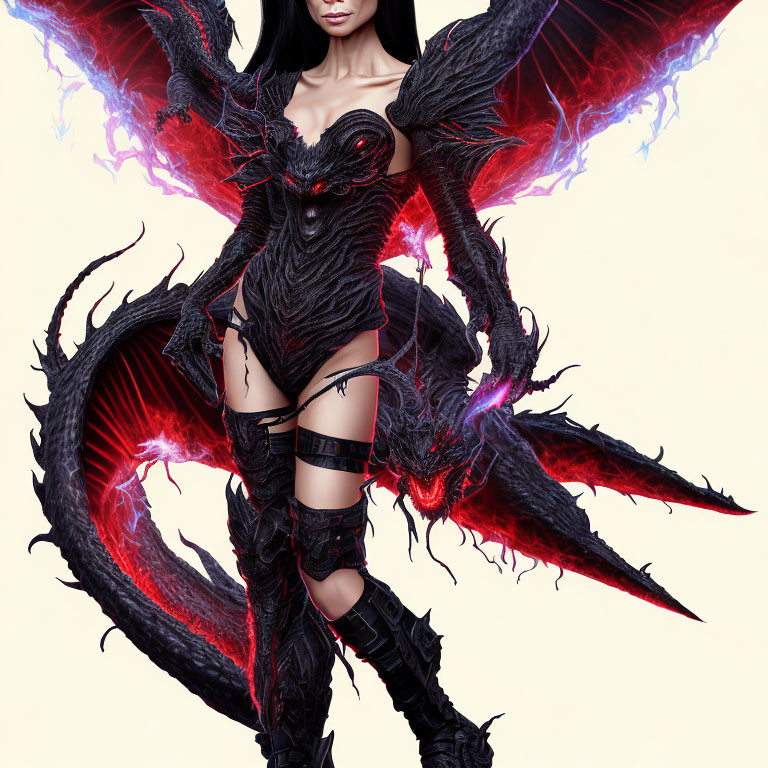 Fantasy-themed artwork of a woman in dark dragon-like armor with red energy wings.