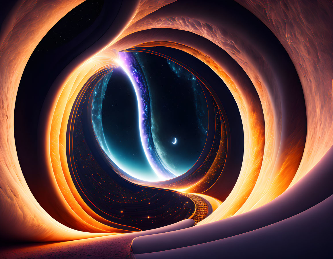 Surreal digital artwork: Interwoven cosmic loops, starry night sky, crescent moon