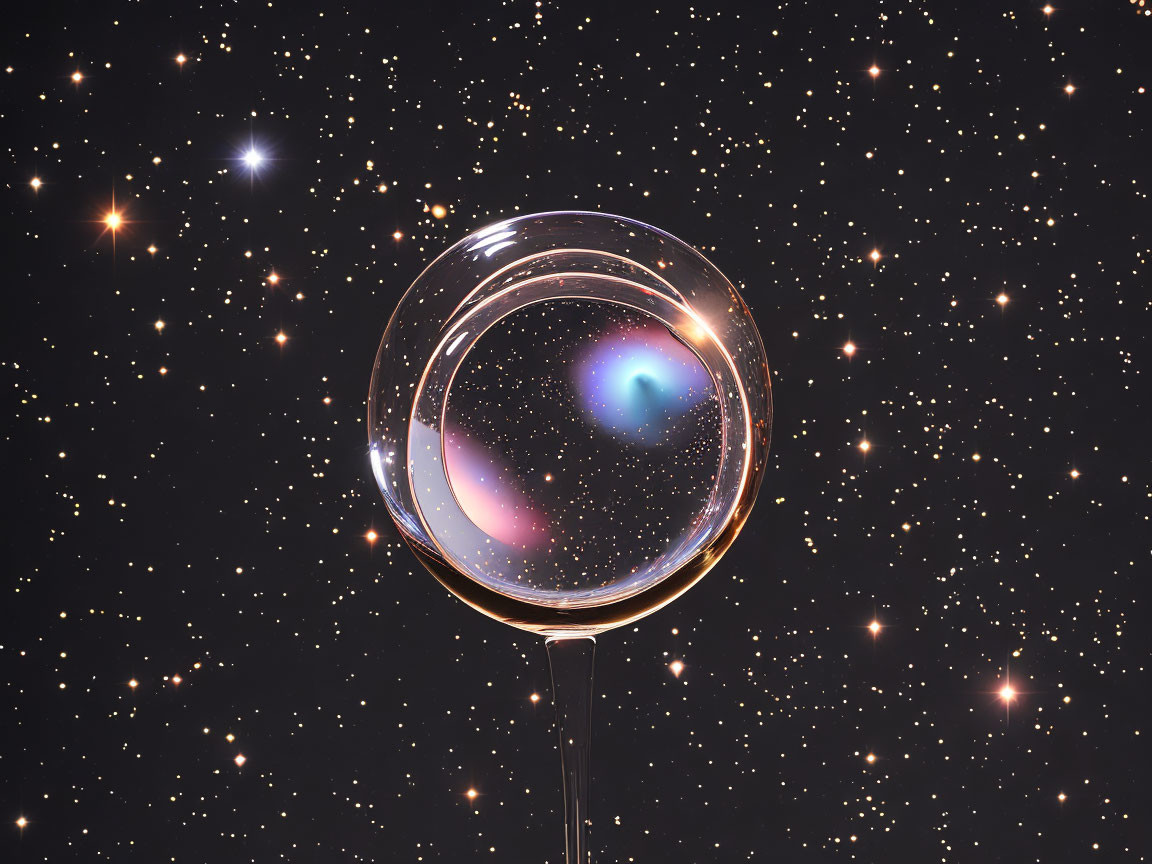 Iridescent soap bubble against starry night sky