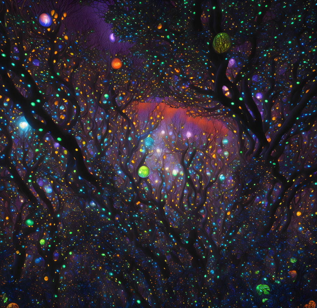 Colorful digital art: Twisted trees, glowing orbs in starry forest