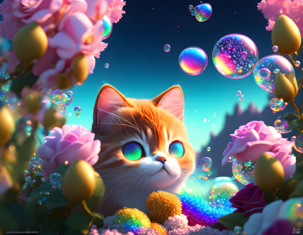 Colorful illustration: Orange cat with green eyes among flowers and bubbles under twilight sky