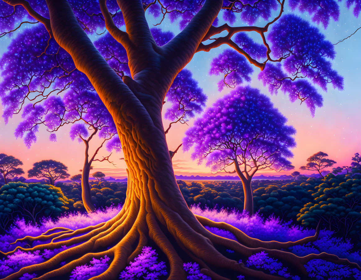 Fantasy landscape with purple tree in twilight forest.