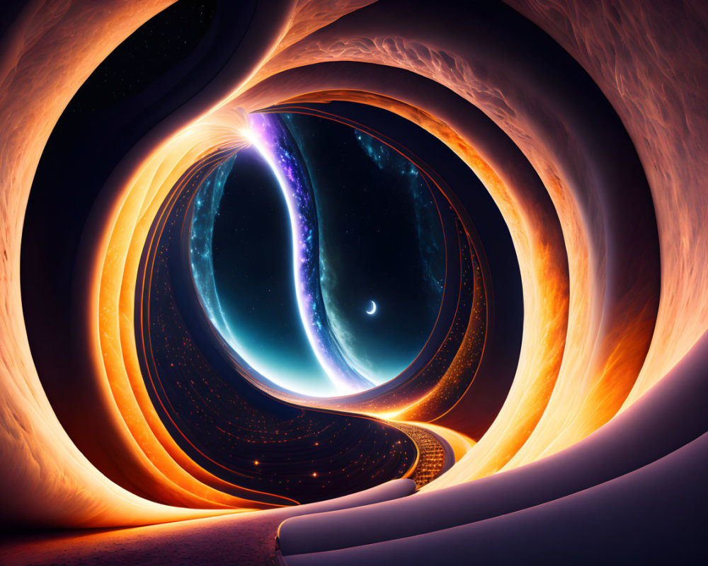 Surreal digital artwork: Interwoven cosmic loops, starry night sky, crescent moon