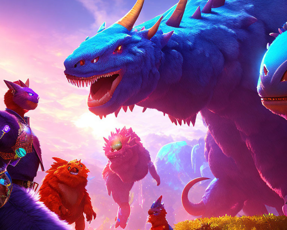 Various Sized Animated Fantasy Creatures in Vibrant Dusk Landscape