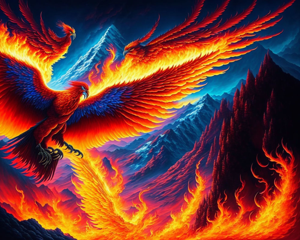 Vibrant phoenixes flying with fiery wings over volcanic landscape