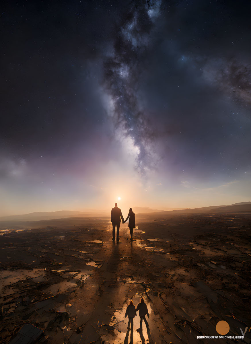 Couple Holding Hands Under Starry Sky and Milky Way on Cracked Ground