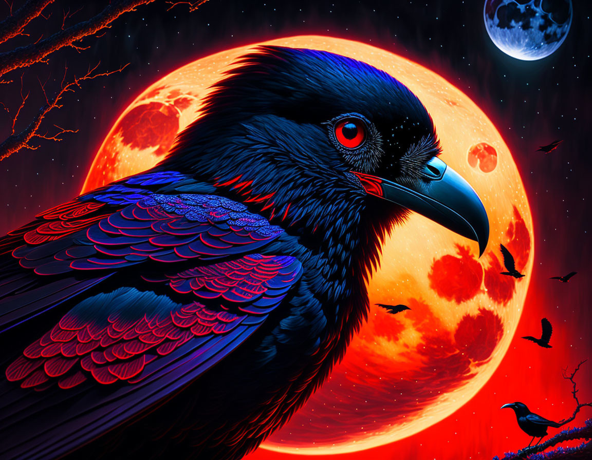 Detailed illustration: Black raven with red eyes under red moon, surrounded by moons and silhouet